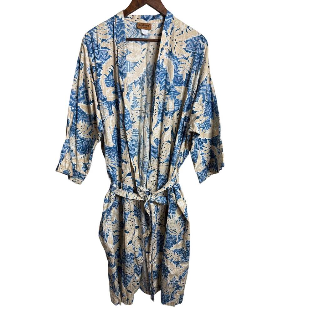 Island Traditions of Hawaii Cotton Kimono Robe Blue Tropical Leaf Print One Size